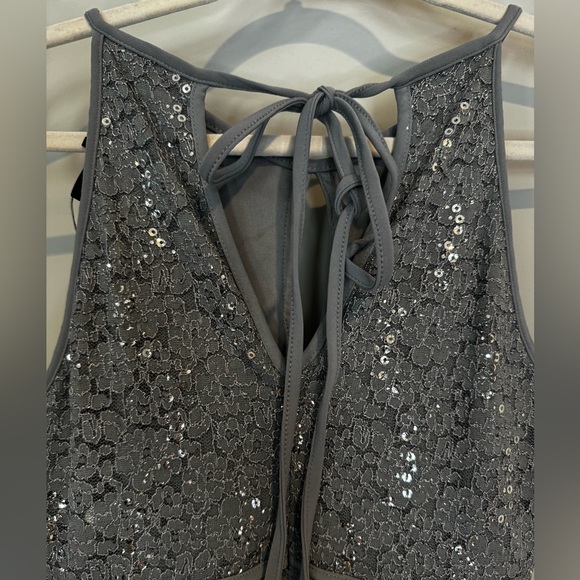 Silver, sequined, sleeveless dress with tie back - Picture 10 of 14